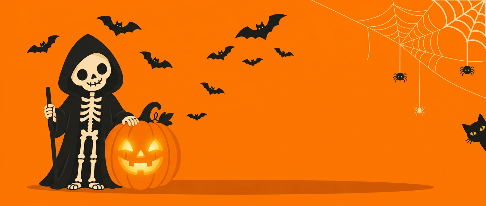 Halloween illustration of a hooded skeleton beside a carved jack-o'-lantern with bats and a spiderweb